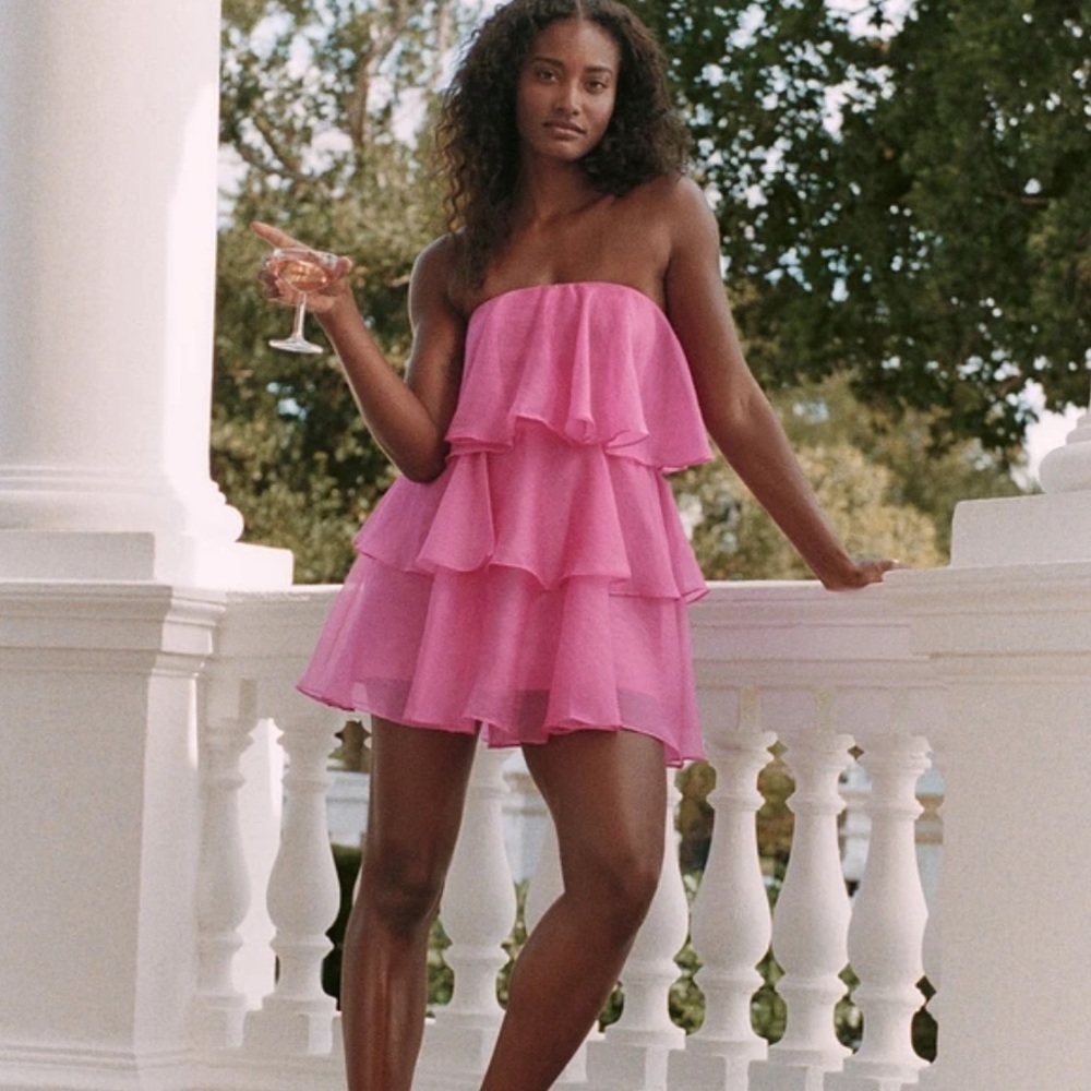 Abercrombie & Fitch Tiered Organza Pink Mini Dress MP - Picture 2 of 10